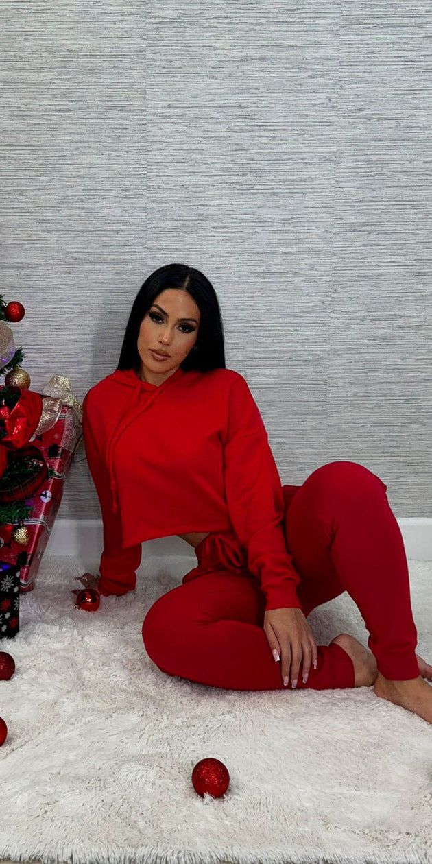 Red High Waisted Jogger Pants with Red Long Sleeve Fleece Cropped Hoodie sold by Moda product image thumbnail 2