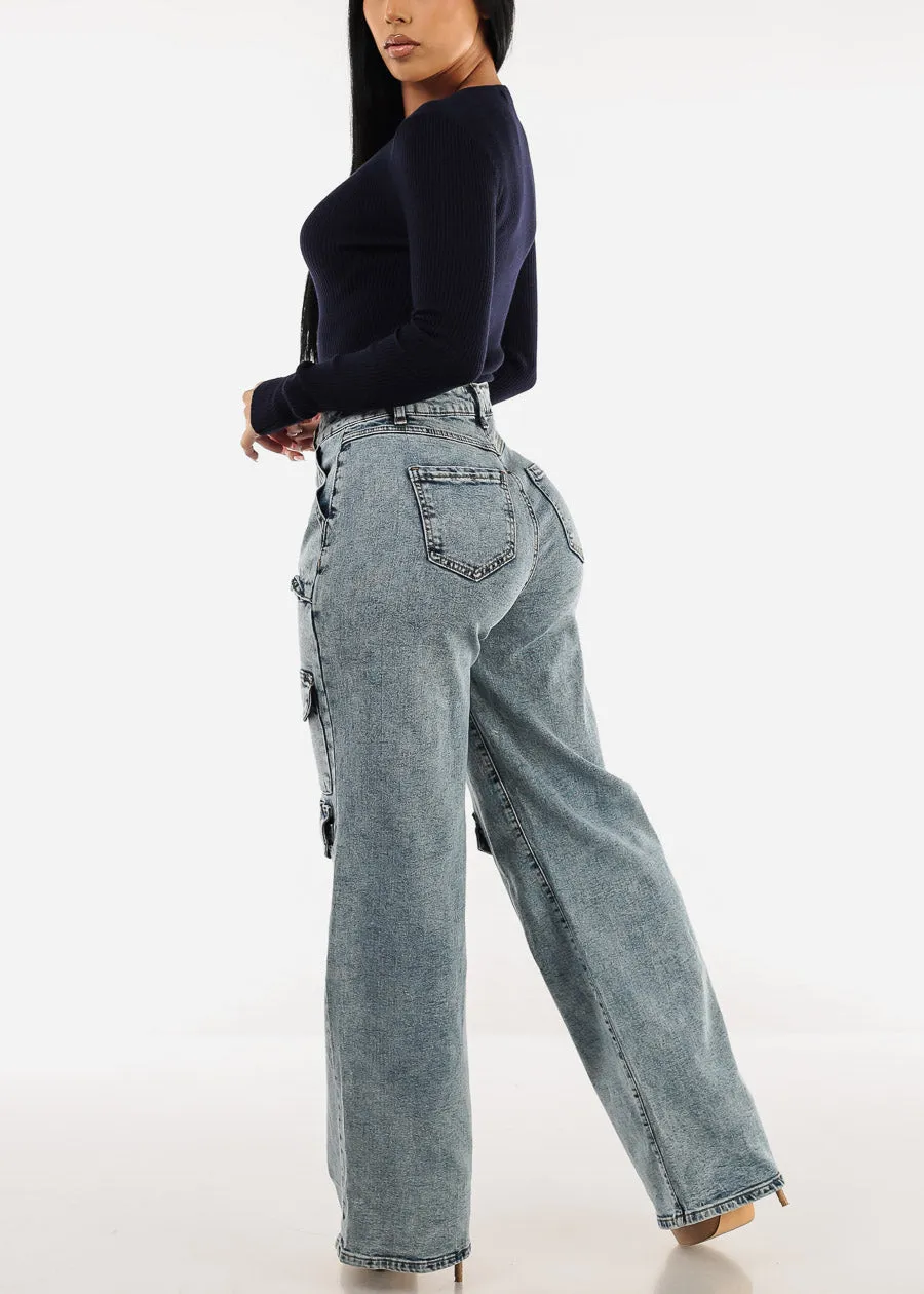 High Waist Straight Wide Leg Acid Wash Cargo Jeans sold by Moda product image thumbnail 5