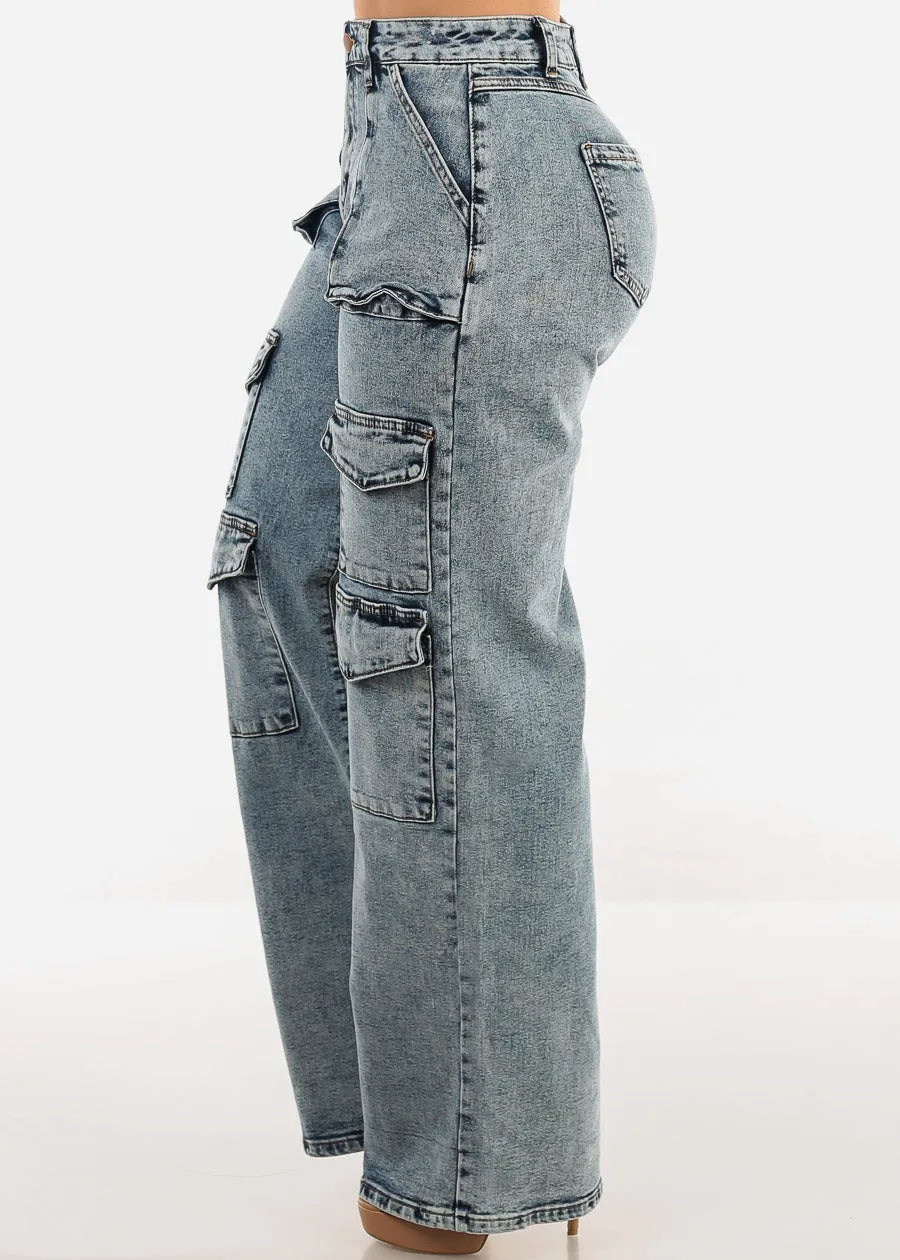 High Waist Straight Wide Leg Acid Wash Cargo Jeans sold by Moda product image thumbnail 3