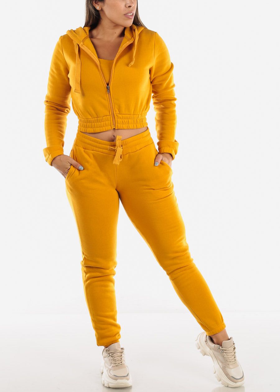 Fleece Hoodie, Sports Bra & Joggers Mustard (3 PCE SET) sold by Moda