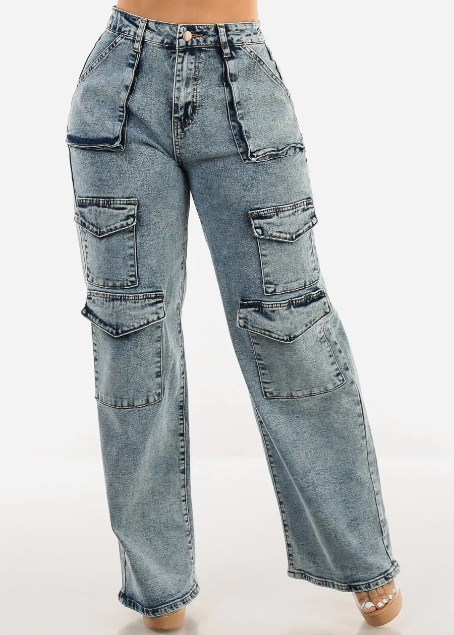 High Waist Straight Wide Leg Acid Wash Cargo Jeans sold by Moda