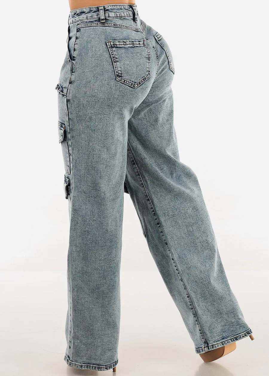 High Waist Straight Wide Leg Acid Wash Cargo Jeans sold by Moda product image thumbnail 4