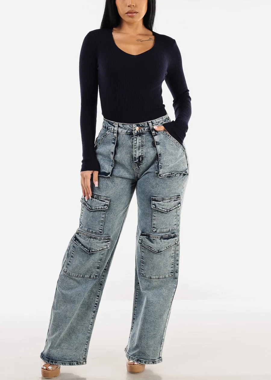 High Waist Straight Wide Leg Acid Wash Cargo Jeans sold by Moda product image thumbnail 2