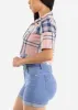 Short Sleeve Button Up Plaid Crop Top Navy & Pink sold by Moda