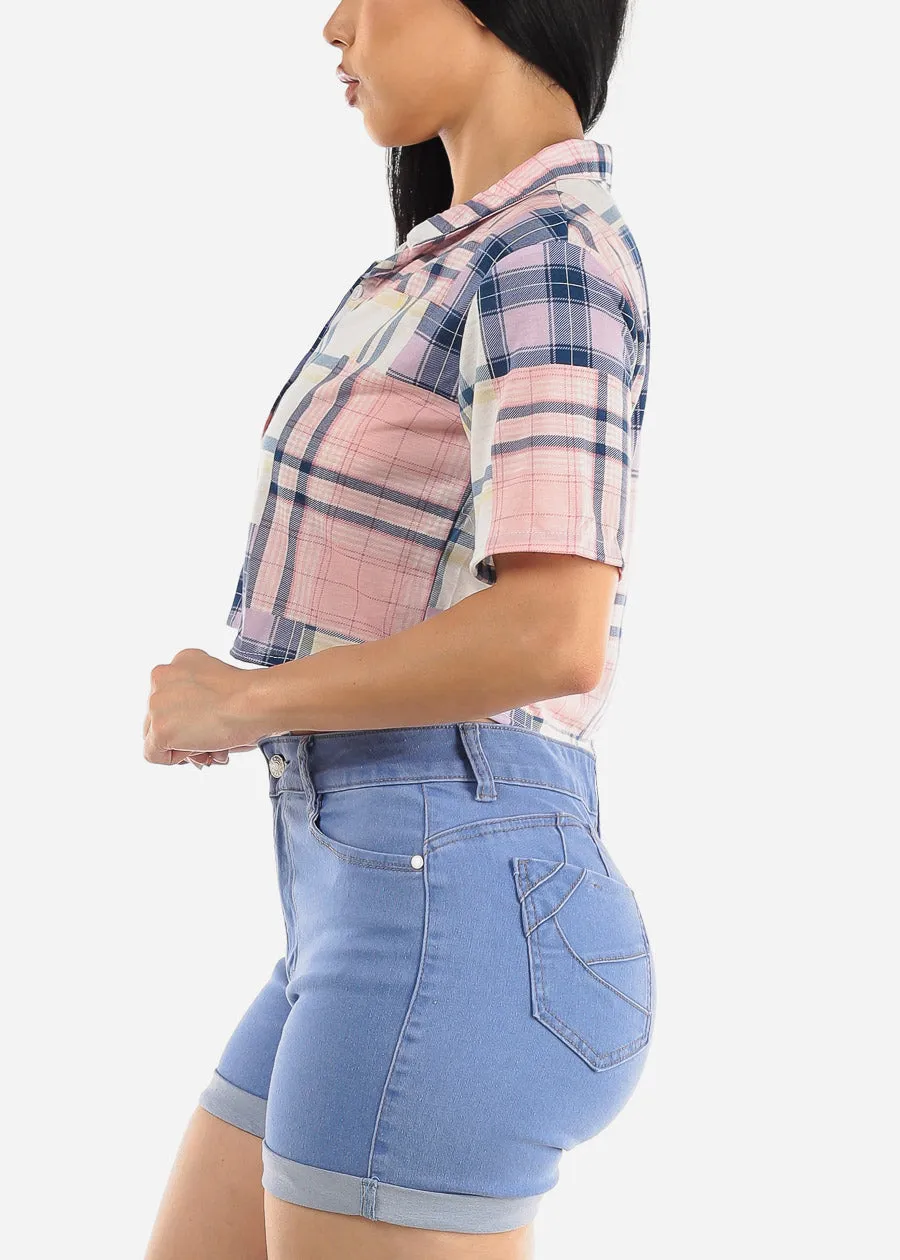 Short Sleeve Button Up Plaid Crop Top Navy & Pink sold by Moda product image thumbnail 3