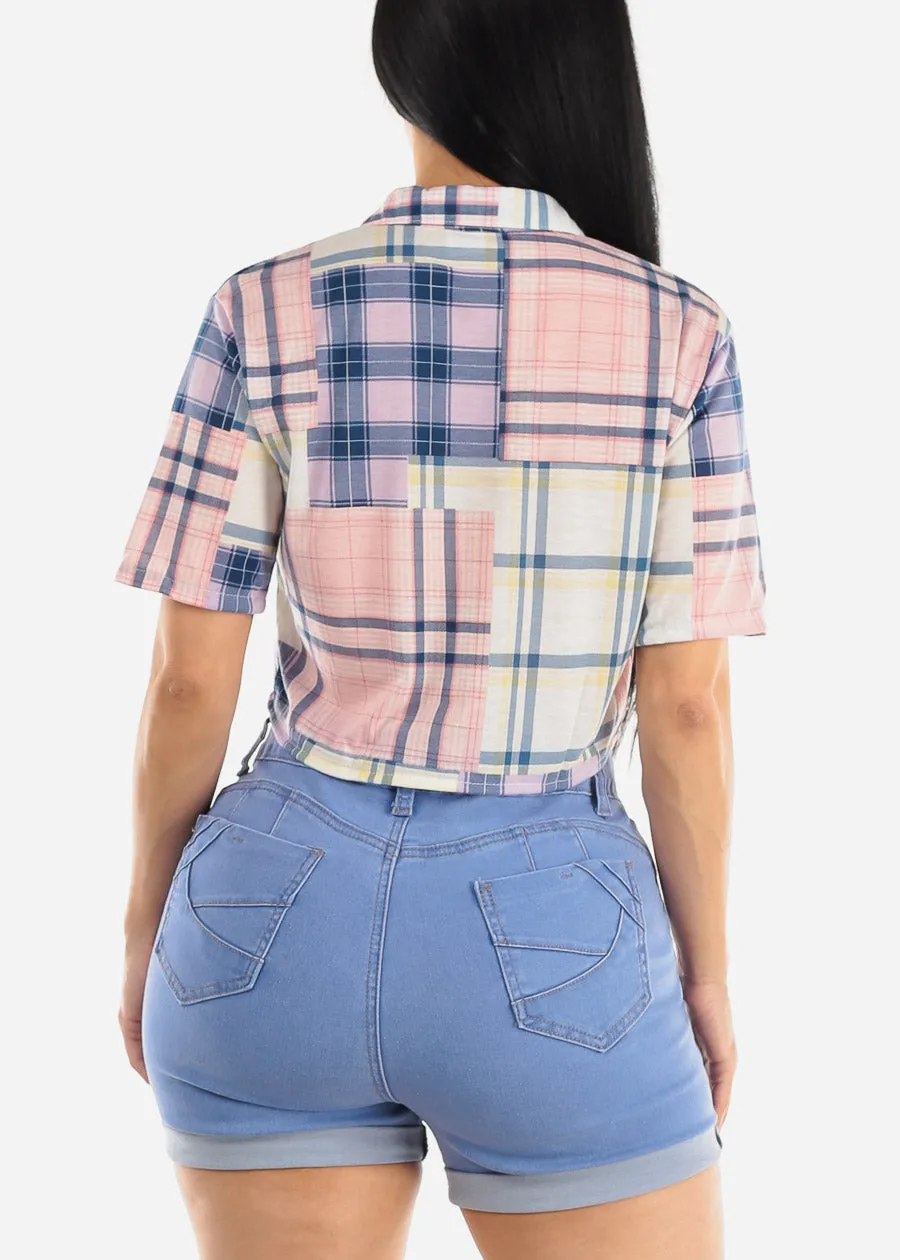 Short Sleeve Button Up Plaid Crop Top Navy & Pink sold by Moda product image thumbnail 4
