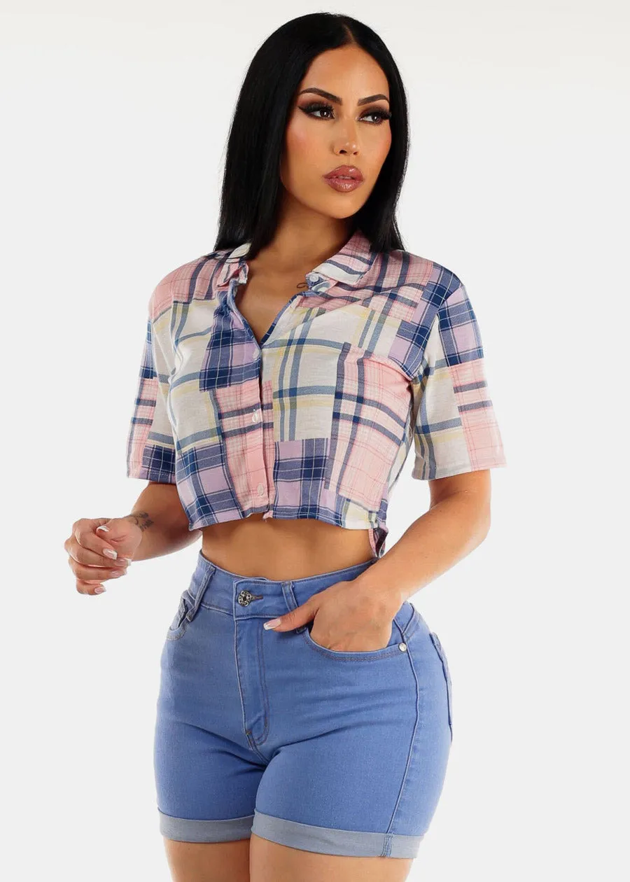 Short Sleeve Button Up Plaid Crop Top Navy & Pink sold by Moda