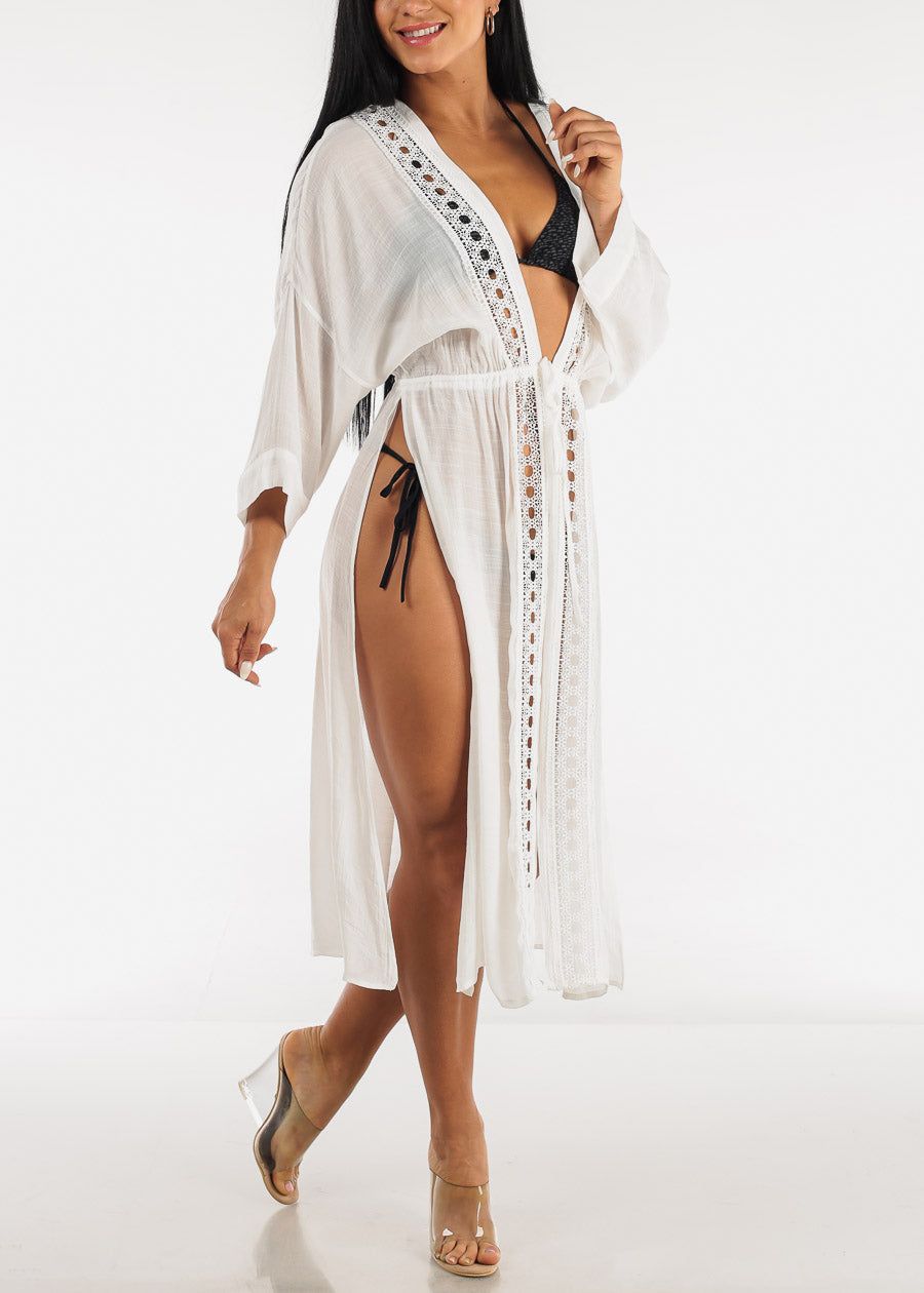 White Drawstring Maxi Kimono w Crochet Trim sold by Moda product image thumbnail 2