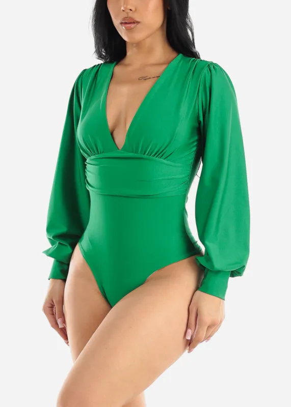 Deep V-Neckline Long Sleeve Thong Bodysuit Green sold by Moda