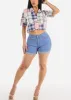 Short Sleeve Button Up Plaid Crop Top Navy & Pink sold by Moda