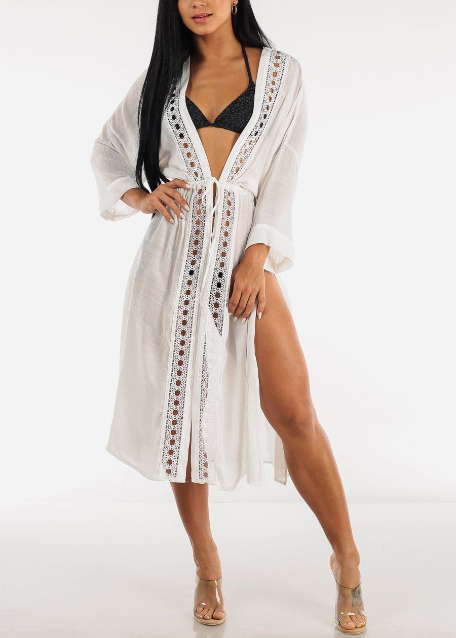 White Drawstring Maxi Kimono w Crochet Trim sold by Moda product image thumbnail 3