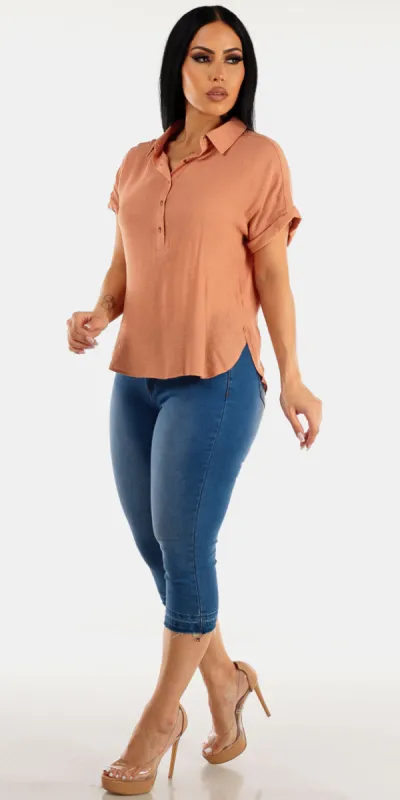Orange Collared Stretch Denim Outfit sold by Moda