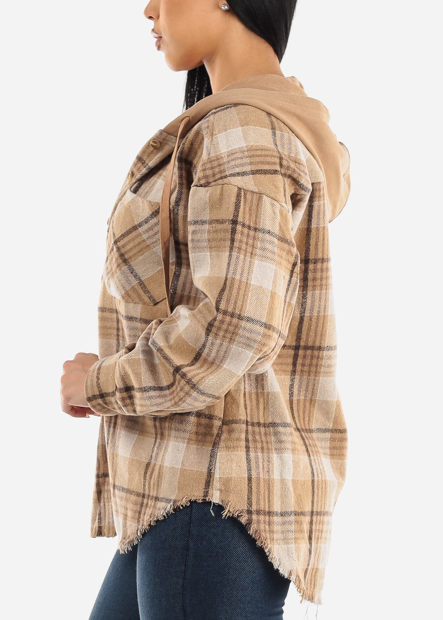 Button Down Plaid Hooded Shacket Khaki w Raw Hem sold by Moda product image thumbnail 3