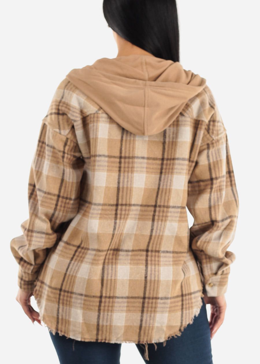 Button Down Plaid Hooded Shacket Khaki w Raw Hem sold by Moda product image thumbnail 4