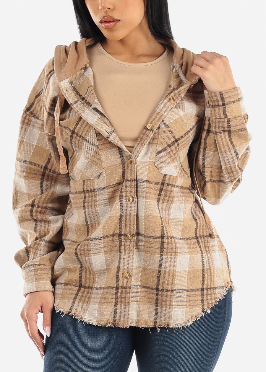Button Down Plaid Hooded Shacket Khaki w Raw Hem sold by Moda product image thumbnail 5