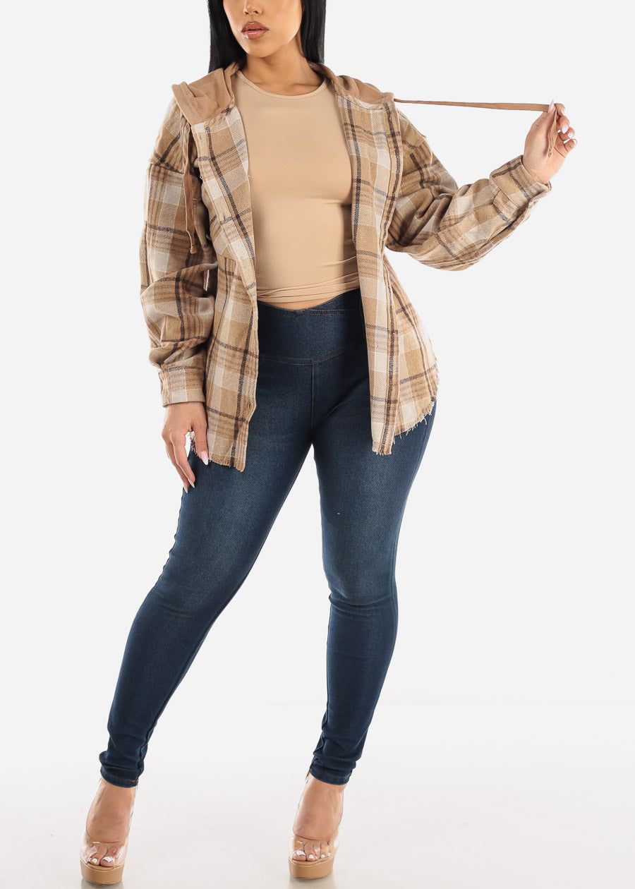 Button Down Plaid Hooded Shacket Khaki w Raw Hem sold by Moda product image thumbnail 2