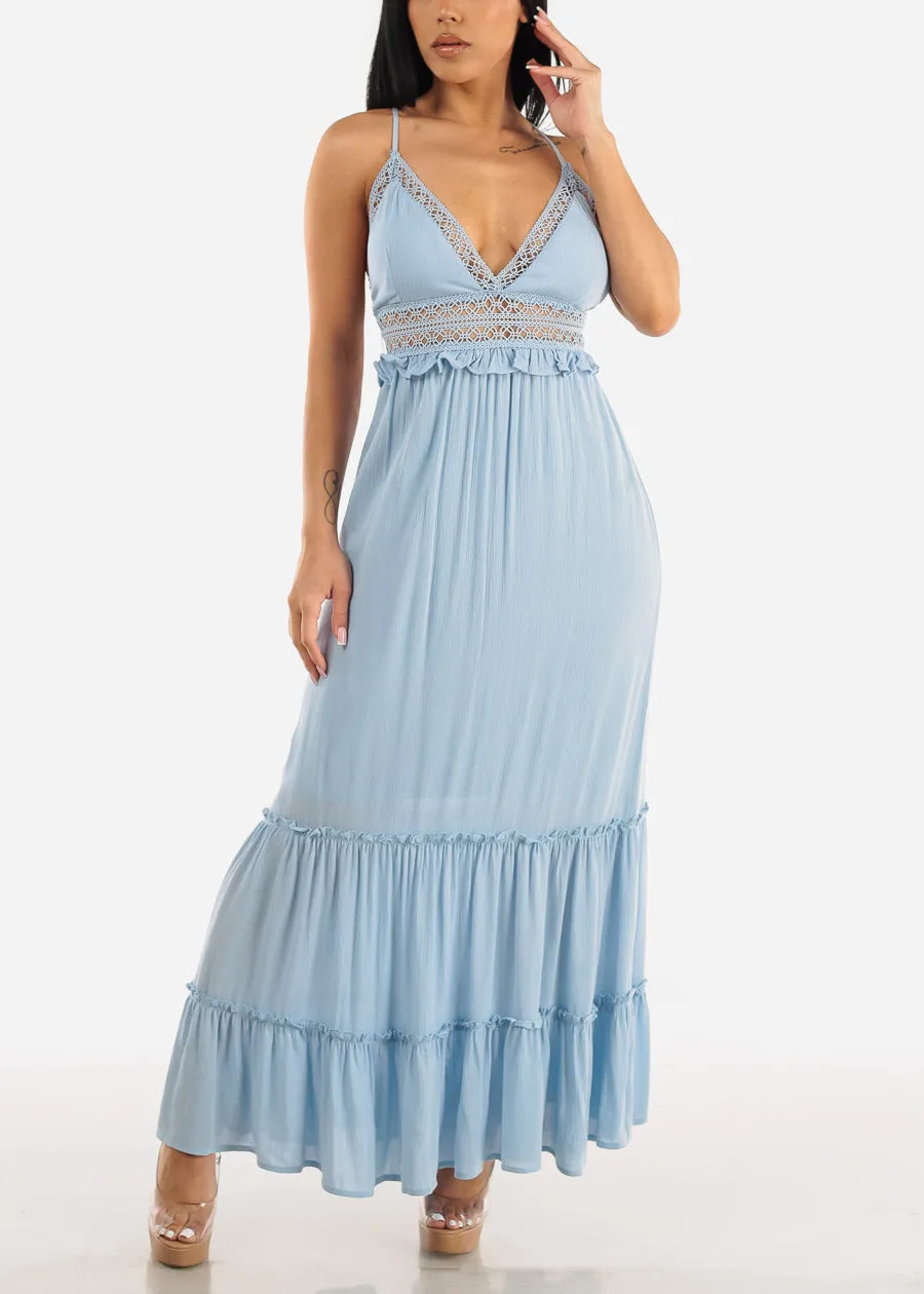 Sleeveless Back Lace Tiered Maxi Dress Light Blue sold by Moda