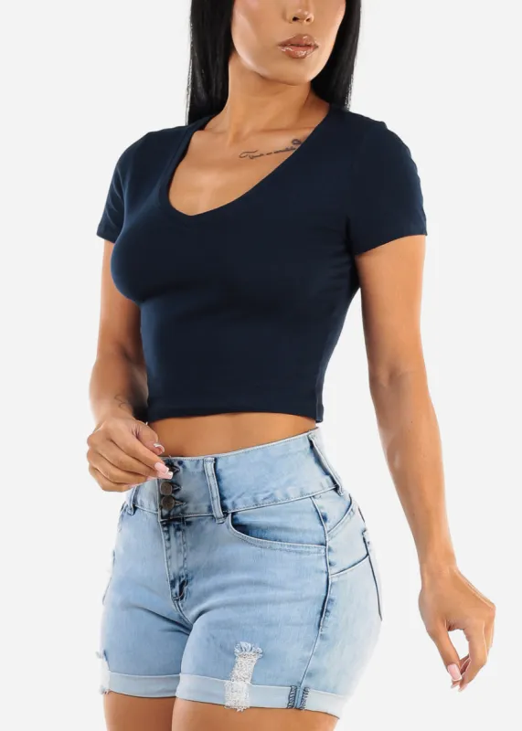 Short Sleeve Vneck Crop Top Navy sold by Moda