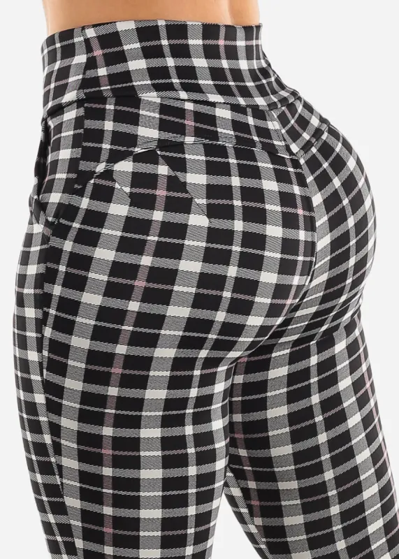 High Waist Butt Lift Black Plaid Skinny Pants w Pockets sold by Moda