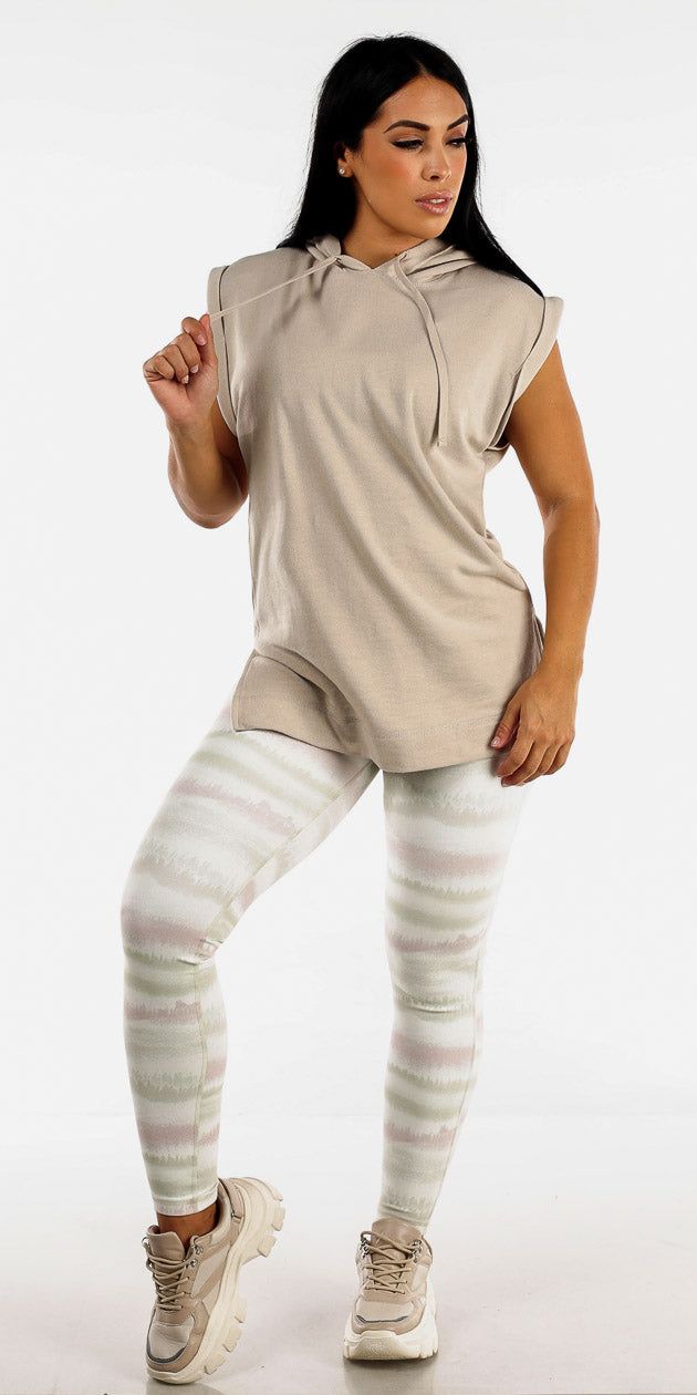 High Rise Stripe Active Leggings with Cap Sleeve Pullover Beige Hoodie sold by Moda