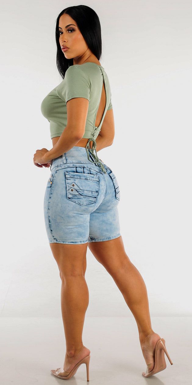 Mid Thigh Butt Lifting Acid Wash Denim Shorts with Open Back Strappy Crop Top sold by Moda