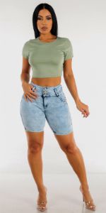 Mid Thigh Butt Lifting Acid Wash Denim Shorts with Open Back Strappy Crop Top sold by Moda