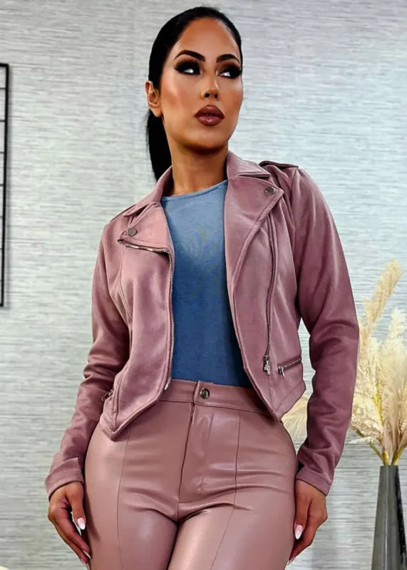 Suede Zip Up Cropped Moto Jacket Rose sold by Moda