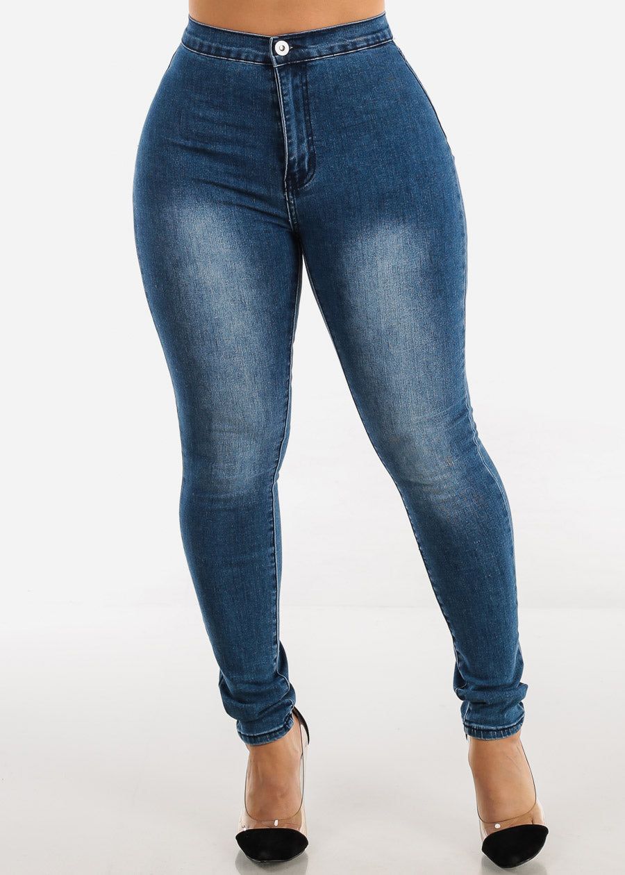 High Waisted Blue Wash Skinny Jeans sold by Moda