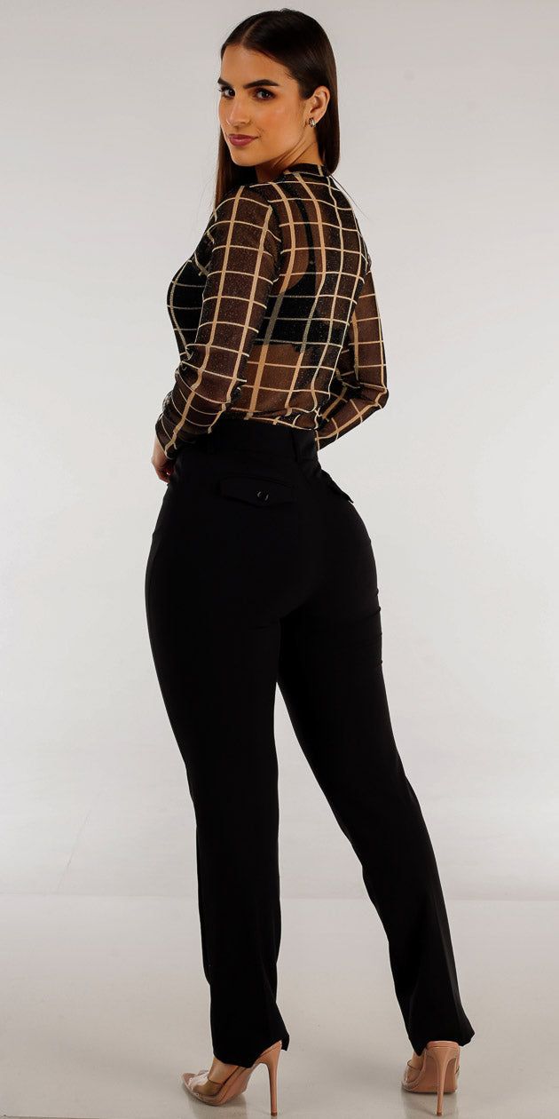 Classic 1 Button Black Straight Leg Dressy Pants with Long Sleeve Black Printed Mesh Bodysuit sold by Moda product image thumbnail 2