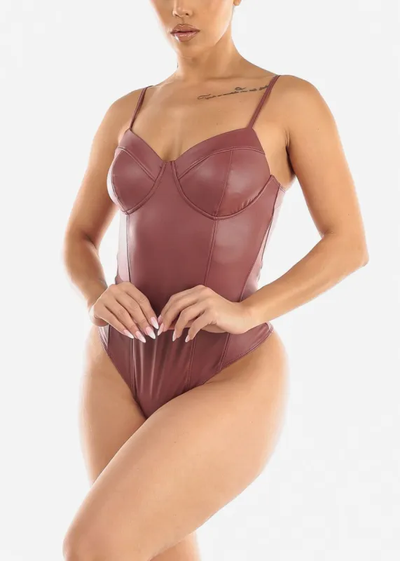 Sweetheart Neckline Vegan Leather Thong Bodysuit Mauve sold by Moda