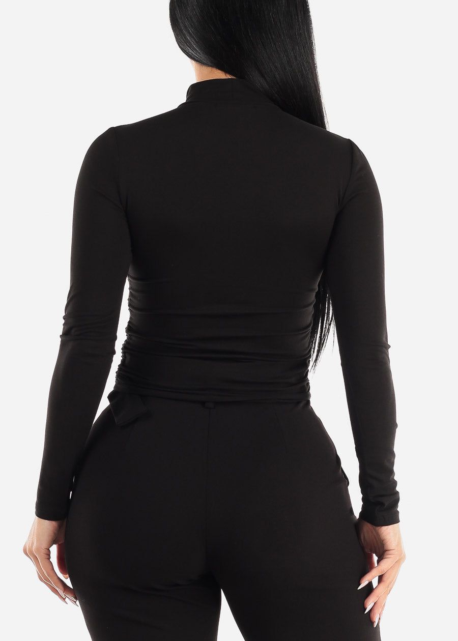 Black Long Sleeve Front Ruched Mock Neck Top sold by Moda product image thumbnail 4