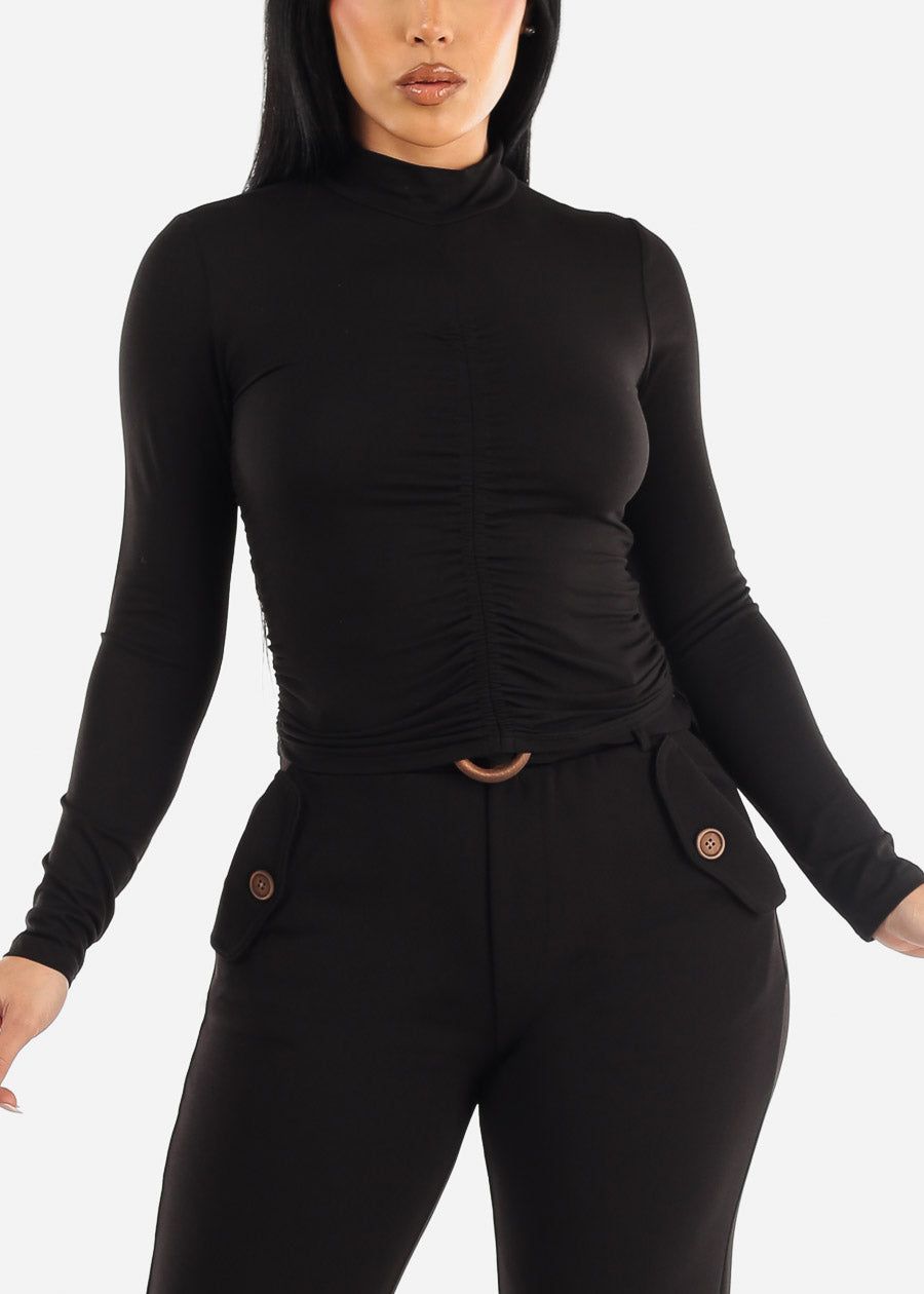 Black Long Sleeve Front Ruched Mock Neck Top sold by Moda product image thumbnail 5