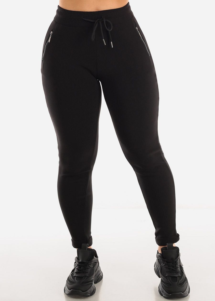 High Drawstring Waist Black Cuffed Skinny Pants sold by Moda