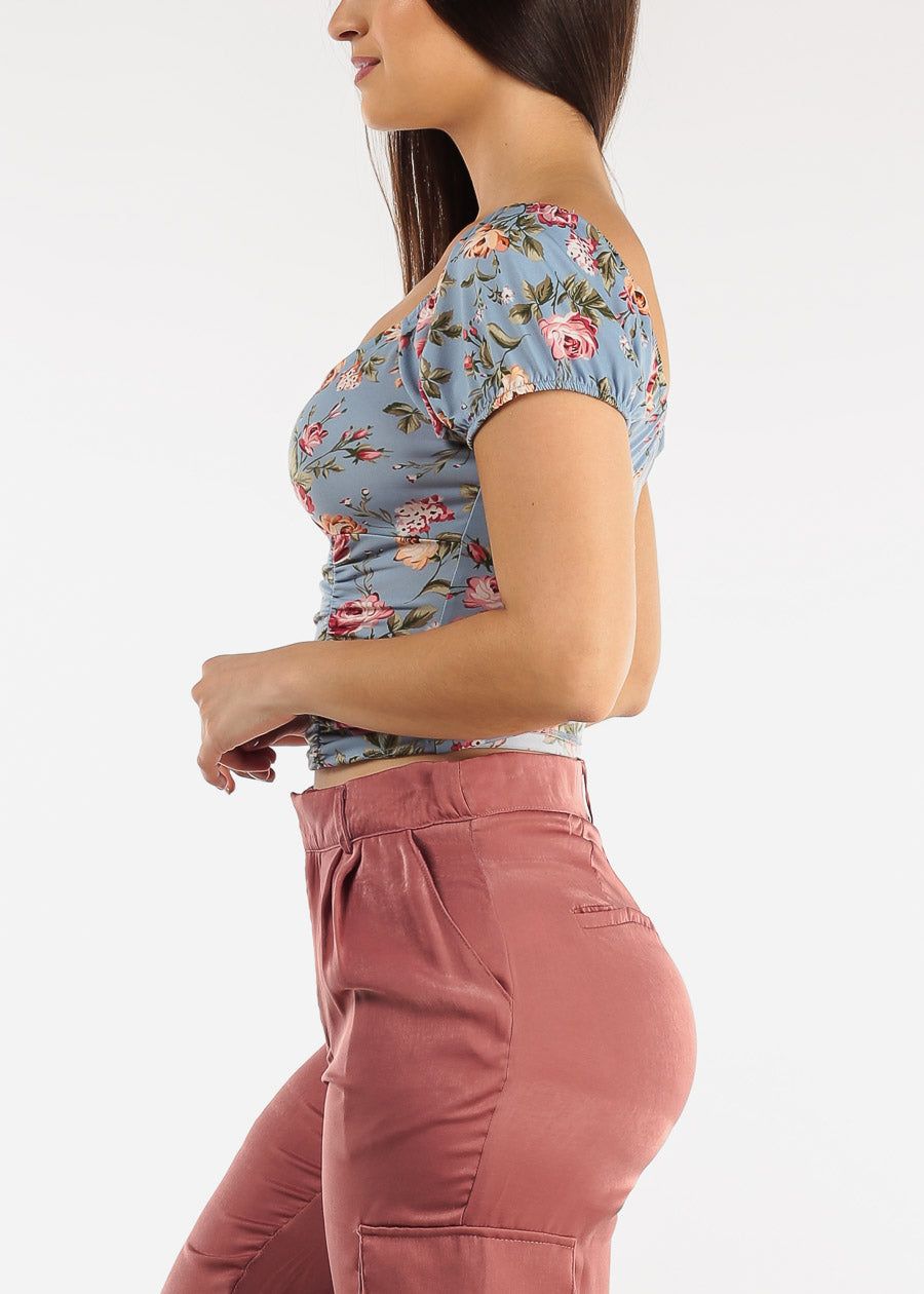 Ruched Short Sleeve Floral Top Blue sold by Moda product image thumbnail 3