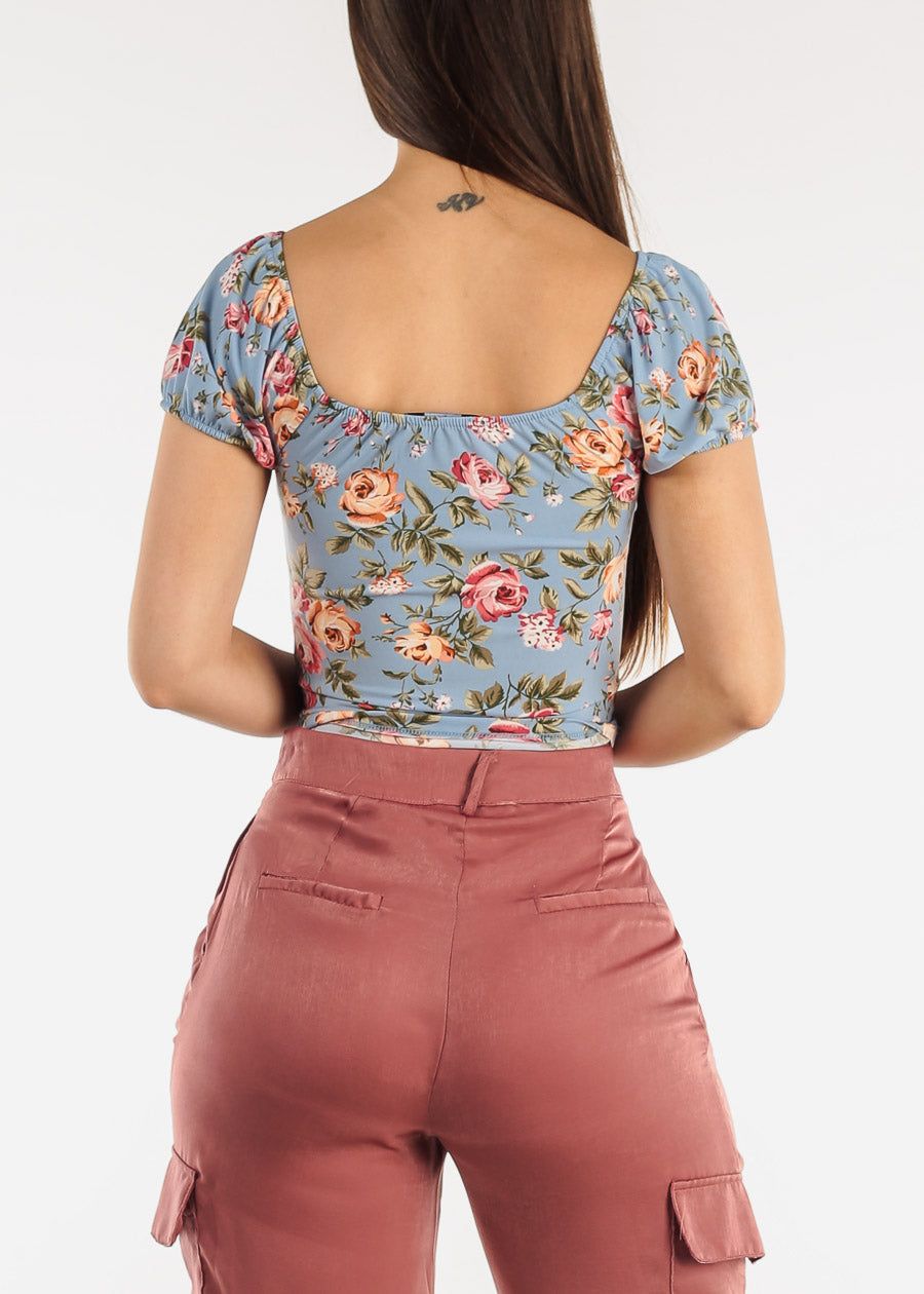 Ruched Short Sleeve Floral Top Blue sold by Moda product image thumbnail 4