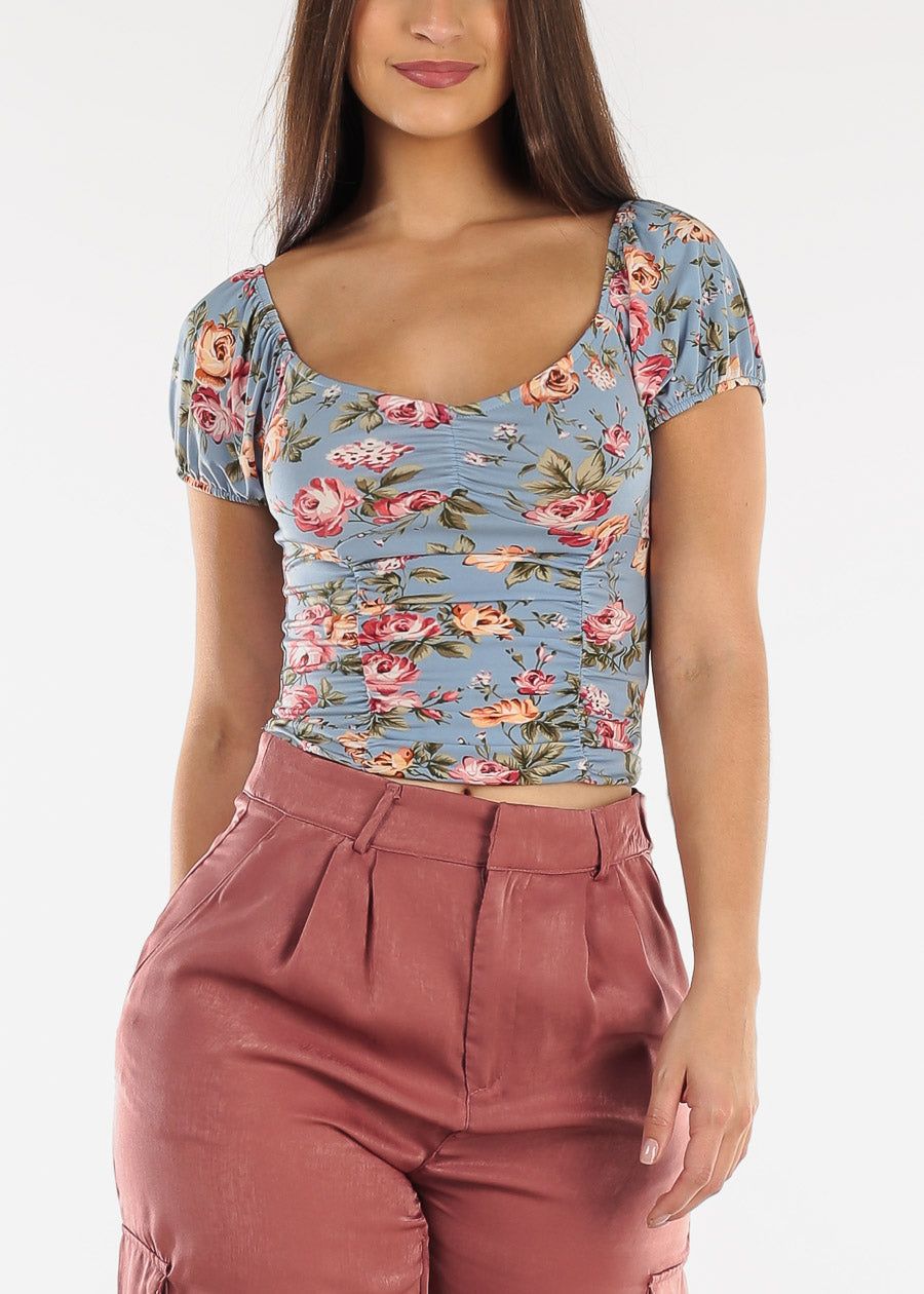 Ruched Short Sleeve Floral Top Blue sold by Moda