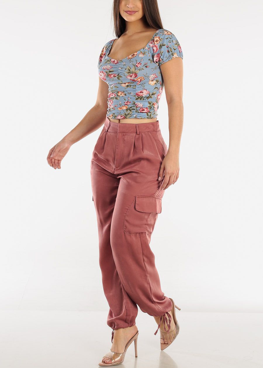 Ruched Short Sleeve Floral Top Blue sold by Moda product image thumbnail 2