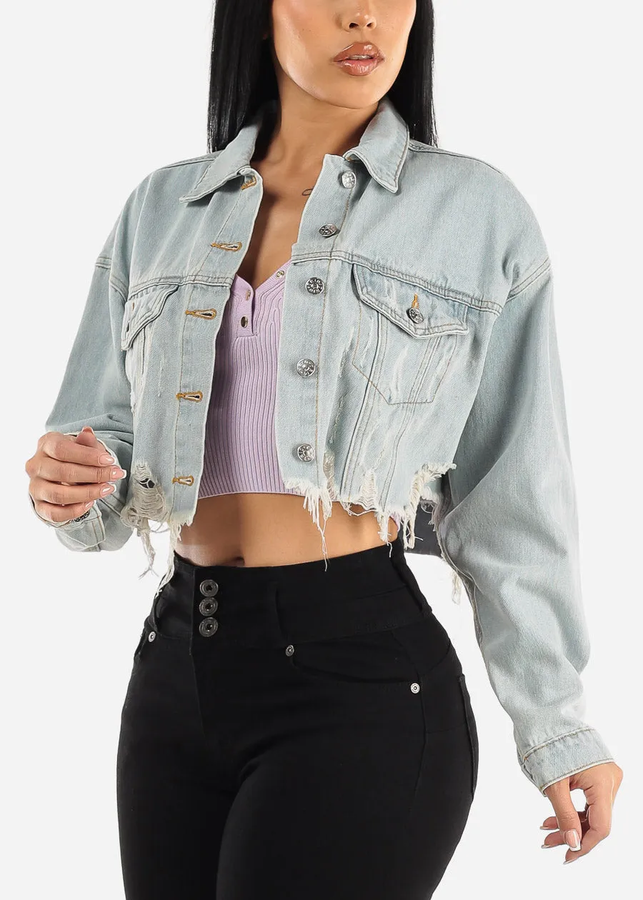 Blue Graphic Cropped Denim Jacket "Come As You Are" sold by Moda product image thumbnail 4