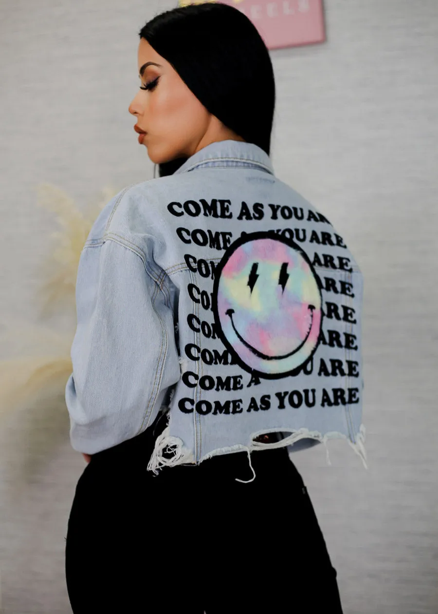 Blue Graphic Cropped Denim Jacket "Come As You Are" sold by Moda