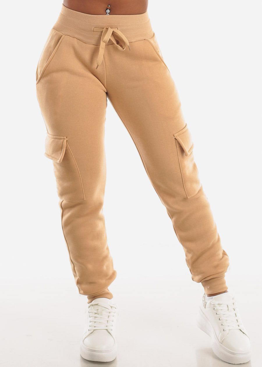 Fleece High Waist Cargo Jogger Sweatpants Khaki sold by Moda
