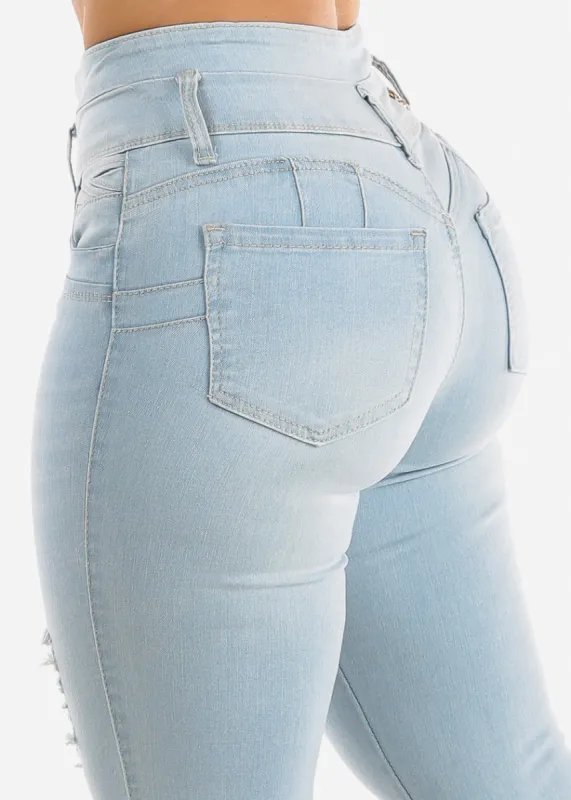 High Waist Butt Lift Distressed Skinny Jeans Light Wash sold by Moda