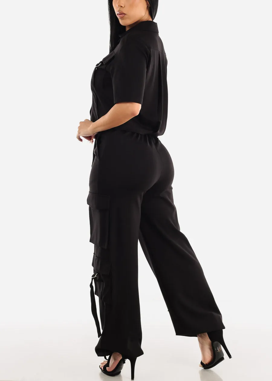 Black Short Sleeve Button Up Shirt & Strappy Cargo Pants (2 PCE SET) sold by Moda product image thumbnail 4