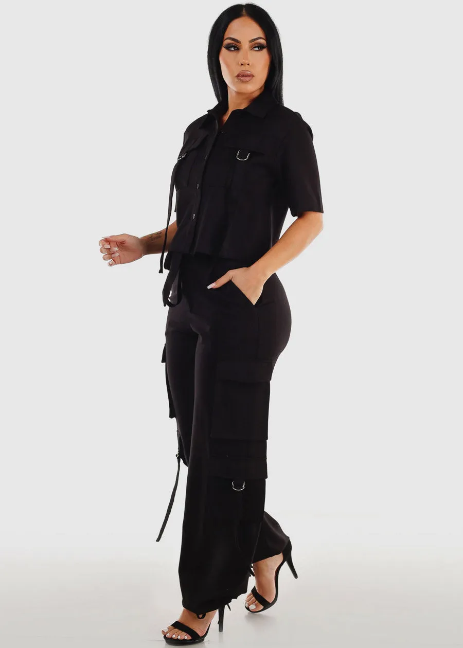 Black Short Sleeve Button Up Shirt & Strappy Cargo Pants (2 PCE SET) sold by Moda