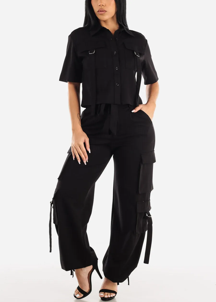 Black Short Sleeve Button Up Shirt & Strappy Cargo Pants (2 PCE SET) sold by Moda product image thumbnail 5