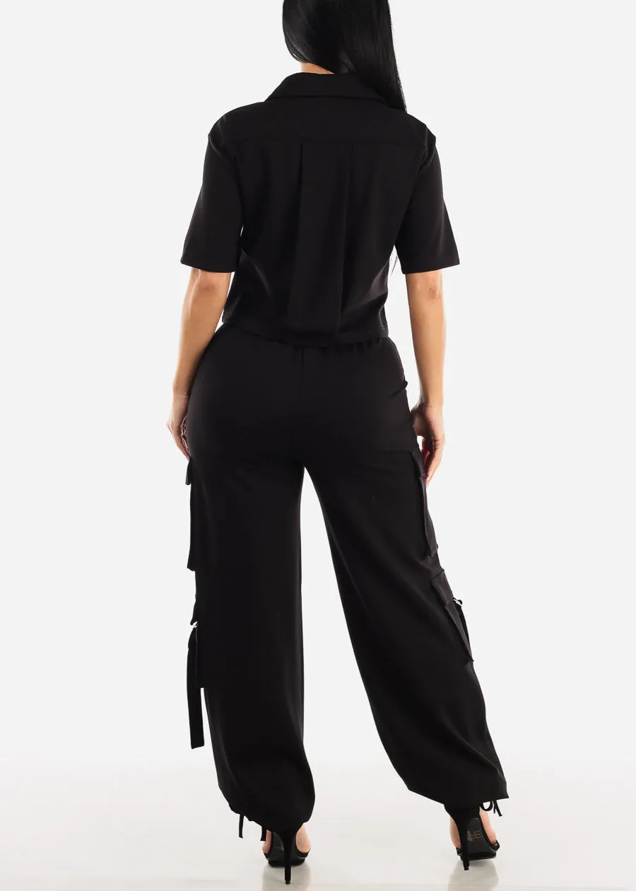 Black Short Sleeve Button Up Shirt & Strappy Cargo Pants (2 PCE SET) sold by Moda product image thumbnail 3