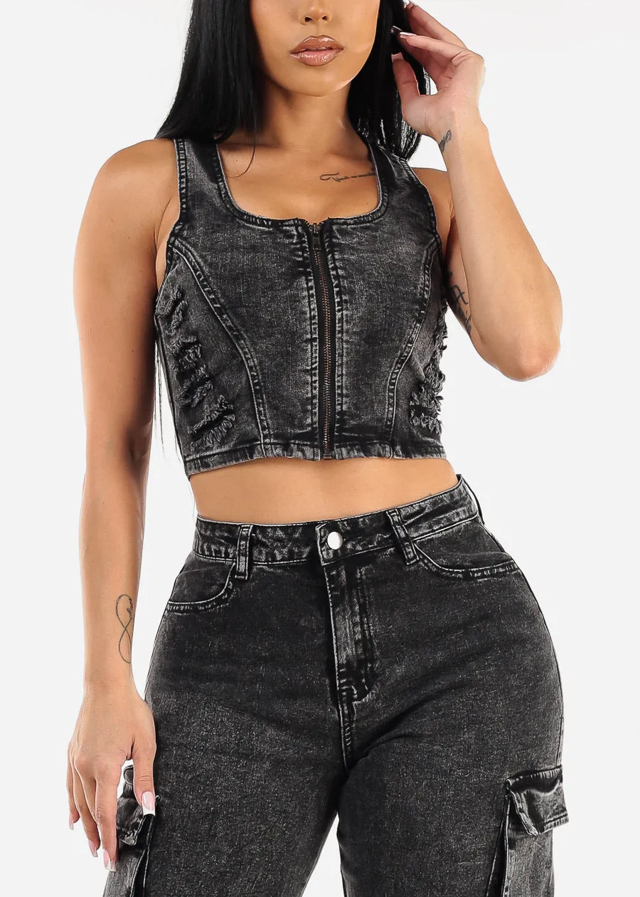 Sleeveless Distressed Acid Wash Denim Vest Black sold by Moda product image thumbnail 4