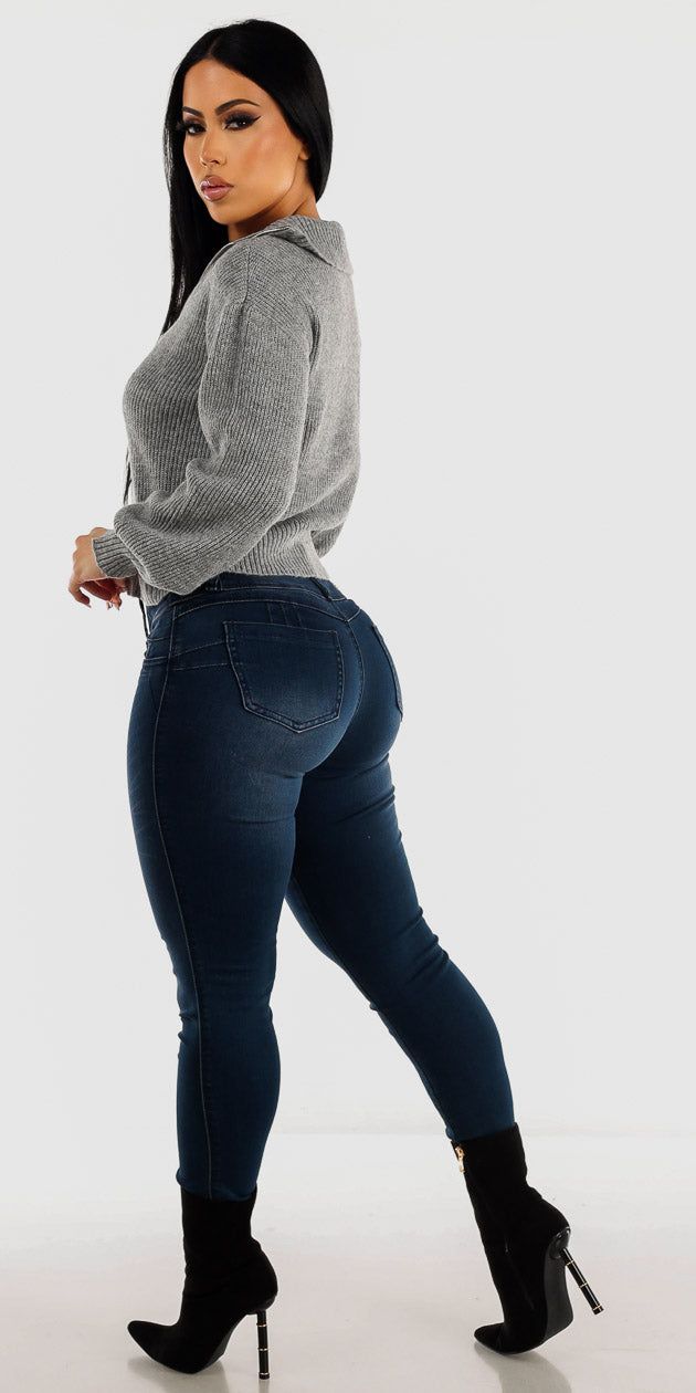Butt Lifting High Rise Dark Wash Skinny Jeans with Grey Half Zip Up Long Sleeve Mossy Sweater sold by Moda product image thumbnail 2