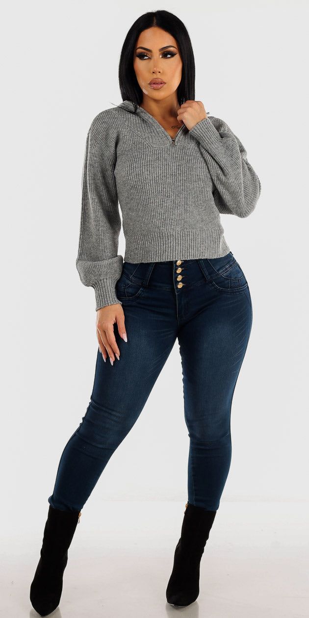 Butt Lifting High Rise Dark Wash Skinny Jeans with Grey Half Zip Up Long Sleeve Mossy Sweater sold by Moda