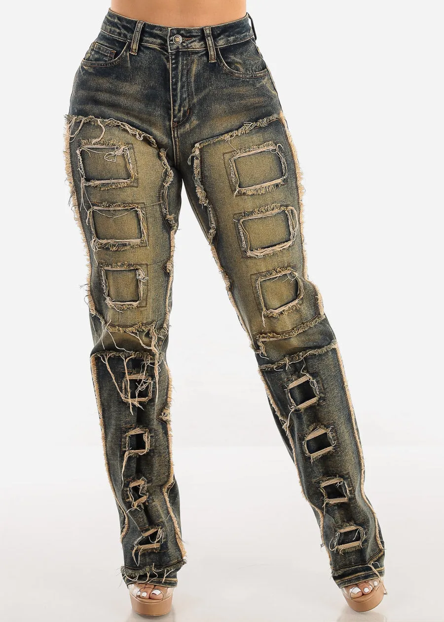 High Waisted Straight Leg Patched Jeans sold by Moda