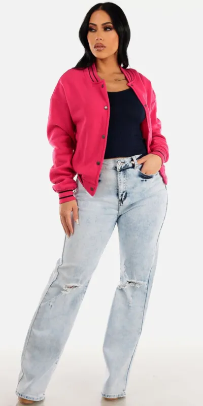 Acid Wash Wide Leg Straight Jeans Navy Ribbed Long Sleeve Top and Fuchsia Varsity Bomber Jacket sold by Moda
